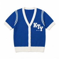 Cardigan en tricot surdimensionné personnalisé pour usine de tricotage, style preppy universitaire, avec bordure contrastante, veste en tricot à manches courtes