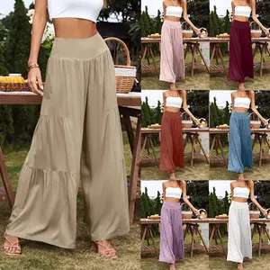Rayon & Lin vêtements décontractés pantalons pour femmes coton lin taille haute jambe large ample solide pantalon ample pour les femmes vente en gros