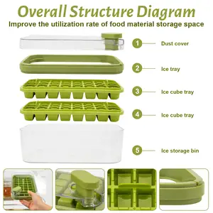 Caja de plástico de silicona para refrigerador, bandeja de cubitos de hielo apilable con tapa y cubo, bandeja de cubitos de hielo, caja de almacenamiento de silicona