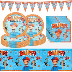 Decoración para Fiesta de Cumpleaños <span class=keywords><strong>Blippi</strong></span>: Platos, Vasos, Pancarta, Adorno para Pastel, Banderín Colgante, Tarjeta de Invitación, Bolsa de Regalo, Globos - Product Image 1