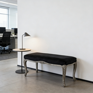 <span class=keywords><strong>Banc</strong></span> en velours bleu marine français avec assise rembourrée et pieds en bois sculpté, finition gris vieilli, meuble pour <span class=keywords><strong>chambre</strong></span> à coucher - Product Image 6