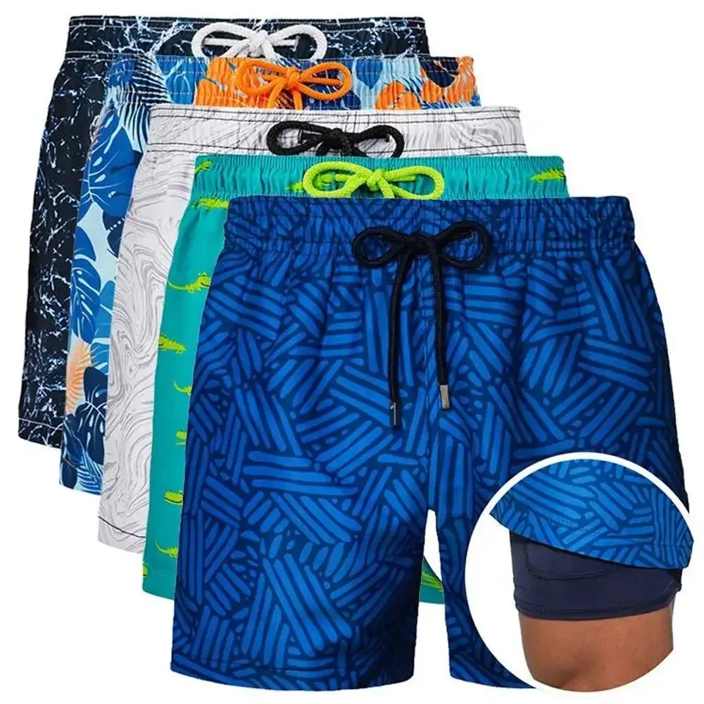 Neuzugang Herren Sommer Boardshorts Stretch-Surfshorts zwei Schichten Strand-Sportshorts für Herren