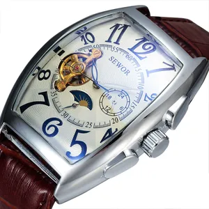 SEWOR 577 קלאסי Tourbillon לעטוף Mens שעונים אוטומטי שעון זהב מקרה לוח שנה זכר שעון שחור מכאני שעון