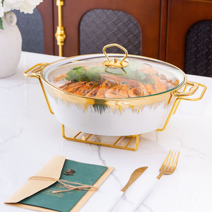Olla de Cerámica Redonda Dorada de Lujo <span class=keywords><strong>para</strong></span> Buffet, Calentador de Comida, Olla <span class=keywords><strong>para</strong></span> Sopa, Olla <span class=keywords><strong>para</strong></span> Caldos con Soporte Dorado - Product Image 4