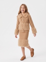 Luxuriöses Lammwoll-Kinderoutfit Flauschiger Pelzkragen Mädchen Langarm-Strickjacke + Knielanges Trägerkleid Herbst Winter Mädchen Bekleidungsset