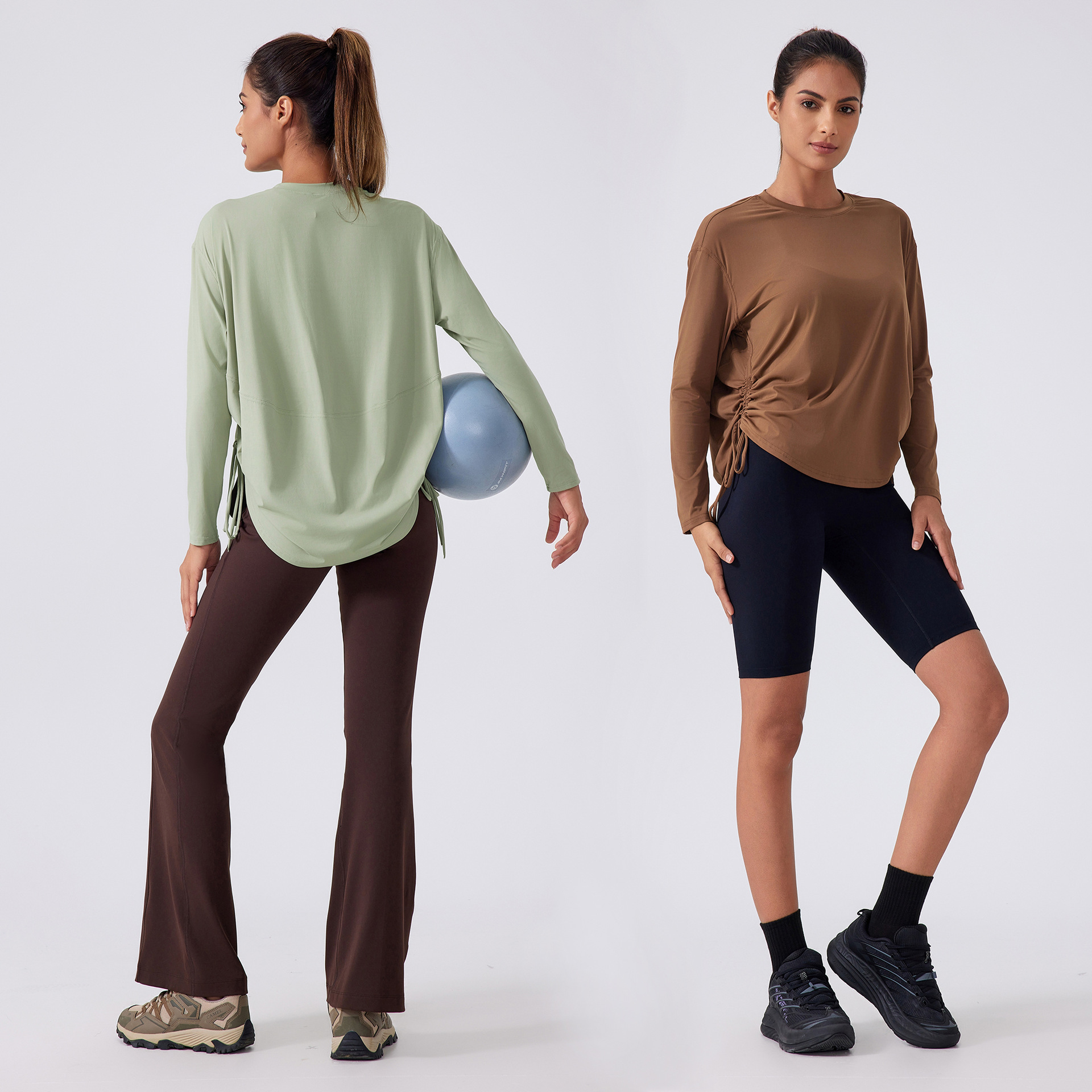 Women Solid Colors Long Sleeve Curved Bottom Scrunch Drawstring Yoga Shirt Fast Dry Round Neck Nylon Casual Running Shirts 2025