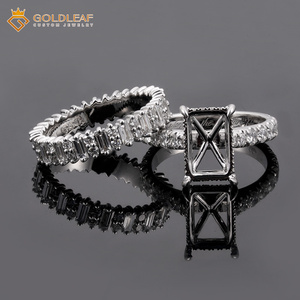 Goldleafgem 14K Gold Vintage Rectangular <b>Ring</b> Setting No Stone <b>Couple</b> Band Set Custom Fit Lab Grown Gemstone Mount Gold Plated - Product Image 1
