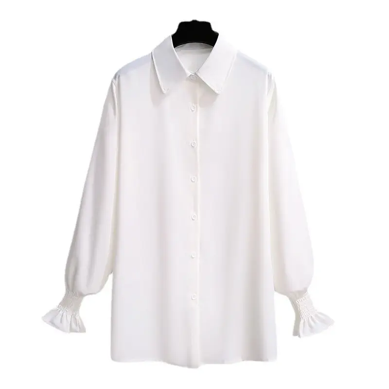 Camicia elegante in raso abbottonato bianco colletto tondo camicetta a maniche lunghe arricciata a sbuffo increspato per donna