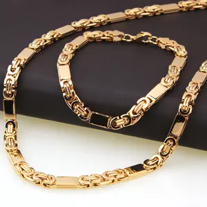 18K Gold Plating Figaro Chain Men's Stainless Steel Italian Solid Necklace & Bracelet Set