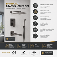 Ensemble de douche mural moderne noir mat en laiton encastré avec fonction pluie, douchette à main et bec de baignoire – Vente en gros