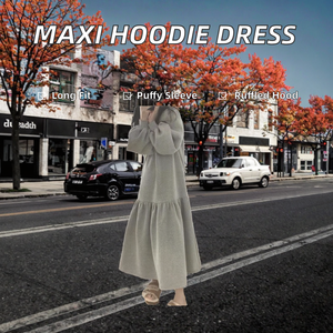 Oferta Caliente: Vestido Maxi Transpirable de Invierno para Mujer, Talla Grande, Casual, con Mangas Linterna y Capucha con Volantes, Estilo Coreano - Product Image 2