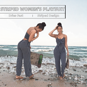 Monos de mujer holgados y sexys con tirantes finos, estampado de rayas, pantalones largos de pierna ancha, sin mangas, estilo casual - Product Image 2