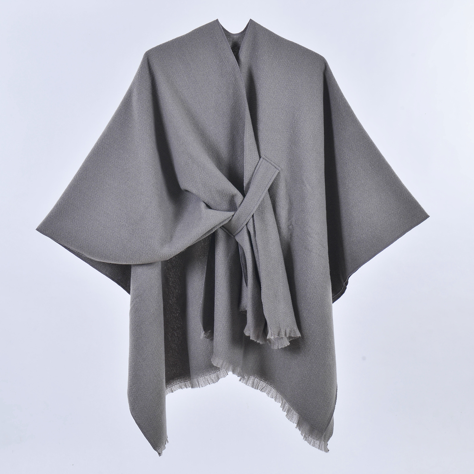 Scialle con cinturino con nappe tinta unita grigio - 130x150 cm