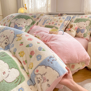 Parure de lit <span class=keywords><strong>en</strong></span> polaire corail double face avec housse de <span class=keywords><strong>couette</strong></span> épaisse <span class=keywords><strong>en</strong></span> <span class=keywords><strong>laine</strong></span> <span class=keywords><strong>d</strong></span>'<span class=keywords><strong>agneau</strong></span> et drap à volants, motif ours mignon et animaux de dessin animé, pour garçon, idéale pour l'hiver - Product Image 6