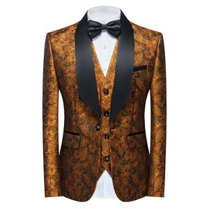 Completo Smoking da Uomo 3 Pezzi Vestibilità Regolare con Motivo Floreale Giacca Blazer Gilet Pantaloni Set Completo da Uomo per Matrimonio - Product Image 1