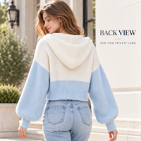 Cardigan en tricot à capuche personnalisé pour femme, color block, boutonné, court, avec manches bouffantes, pour tenue décontractée quotidienne
