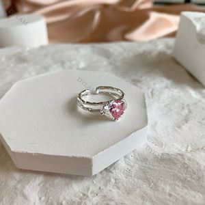 Dylam Ins Hot Double Layered Sterling Silver 925 White Gold Pink Zircon Stone S925 <b>Rings</b> Adjustable Hollow Open <b>Ring</b> - Product Image 4