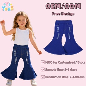 Jeans en denim évasés personnalisés pour petites filles, pantalon à pattes d'éléphant pour enfants, bébés, tout-petits, bleu foncé, déchiré, pour filles de 10 à 12 ans - Product Image 1