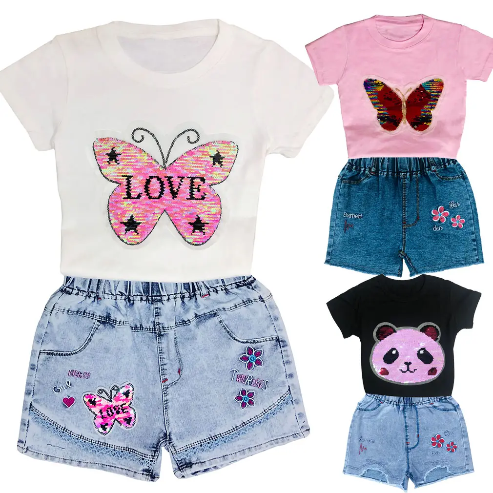 Conjunto infantil, conjunto de roupas infantis da moda, duas peças, lantejoulas, camiseta e shorts para bebês meninas