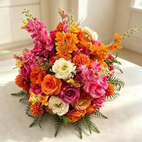 Arrangement floral réaliste en soie artificielle, tons coucher de soleil, centre de table pour mariage, allée, événement, photomaton, décoration de fête