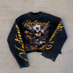 Camisetas de algodón oversize de manga larga DIHUI con hombros caídos, corte francés, dobladillo con pedrería y lavado vintage, tamaño personalizado - Product Image 1