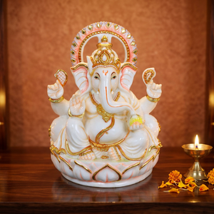 Statue de Ganesha assis en résine et marbre, artisanat Nirmala |   Idole du Seigneur Vinayaka avec halo rayonnant et accents dorés - Product Image 4