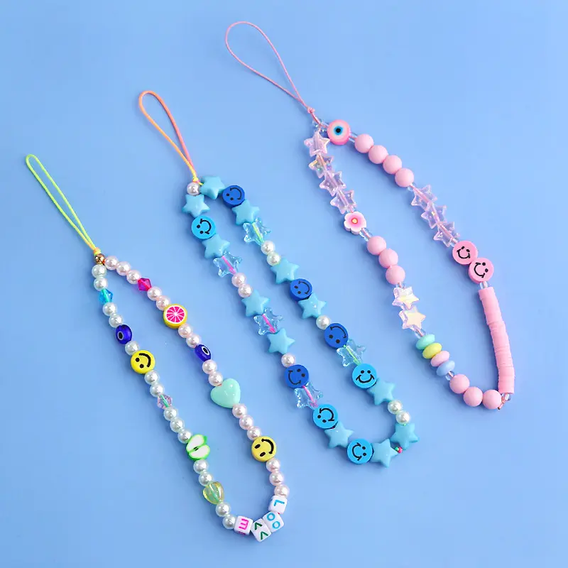 Factory Wholesale Ladies Phone Accessories Boho Colorful Star Smile Face Polymer Clay Seed Beads Phone Chains For Women