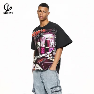 T-shirt en coton épais à manches courtes pour homme, imprimé intégral motif squelette graphique streetwear surdimensionné personnalisé - Product Image 1