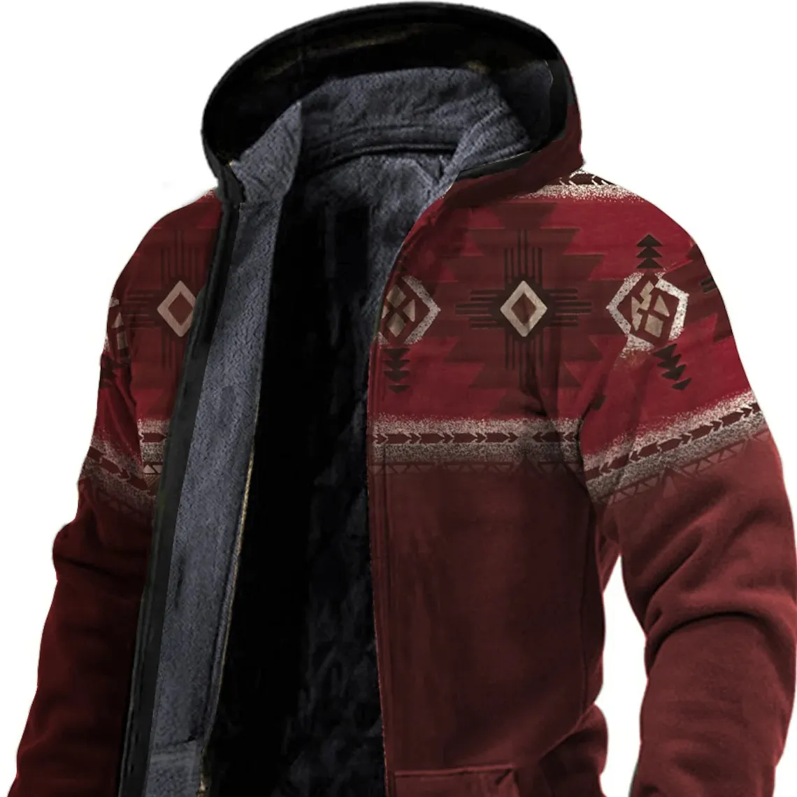 Neues Design Männer Full Zip Up Fleece Hoodie Jacke Vintage Tribal Grafik drucke Mantel Boho Style Winter jacken
