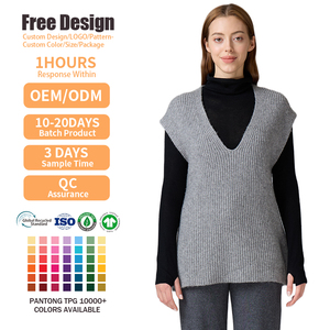 OEM ODM Custom Logo Loose Fit <b>Pullover</b> Fall Winter Layering Women Wool Blend Sleeveless <b>Sweater</b> V Neck Ribbed Knit Vest - Product Image 2