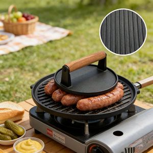 ที่กดเนื้อย่างบาร์บีคิวเหล็กหล่อทรงสี่เหลี่ยมลายสก็อต ไม่มีสารเคลือบผิว ด้ามจับไม้บีช ทำความสะอาดง่าย สำหรับสเต็กและ<span class=keywords><strong>หมู</strong></span>ย่าง - Product Image 3