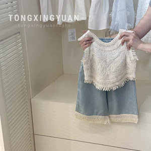 Girls Crochet Vest Top With Tassel Lace Summer Outfit Set For Children - Product Image 4