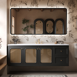 Mueble de Baño Estilo Rattan Retro Francés, Gabinete de Madera Sólida, Espejo Inteligente, Montado en la Pared, Resistente al Agua, para Baños de Hotel y Villas - Product Image 2