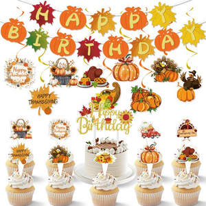 Thanksgiving Birthday Holiday Supplies Eco-Friendly Paper Maple Leaf <b>Pumpkin</b> Turkey Banner Cupcake Topper Disposable Party - Product Image 1