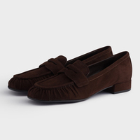 Mocasines de Ante Marrón Chocolate con Punta Cuadrada Fruncida y Tacón Bajo para Mujer, Zapatos sin Cordones, Venta al por Mayor Personalizada OEM ODM