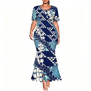 Abito Lungo da Donna Plus-Size con Stampa Polinesiana Personalizzata, Elegante Collo Tondo e Orlo Asimmetrico con Volant - Product Image 6