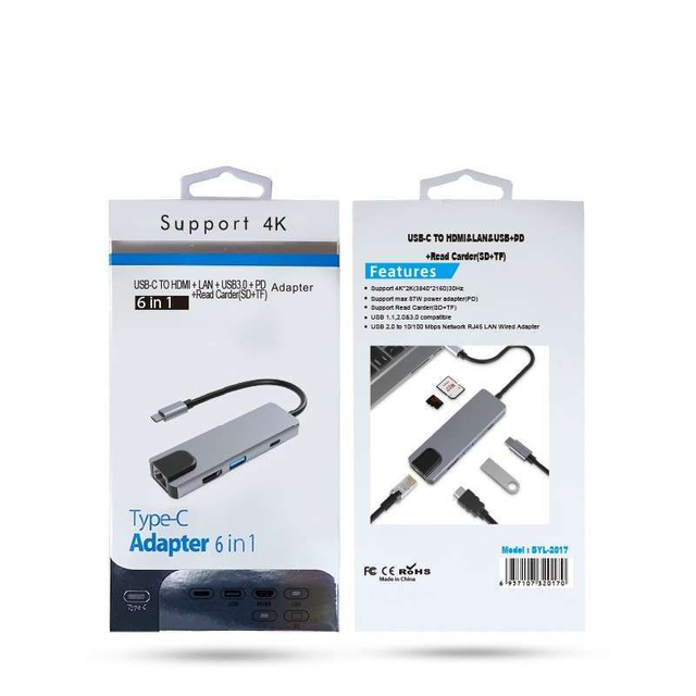 Multifunction Laptop Docking Station Type C 6 in 1 Dock SD/TF Card Reader Hub Ethernet RJ45 USB Adapter