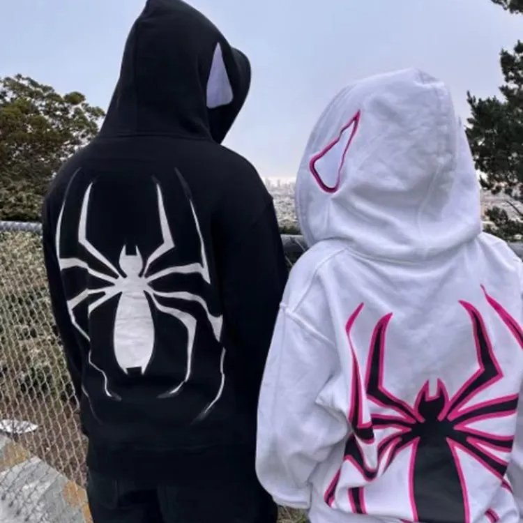 Y 2K Mannen Spider Print Hoodies Vrouwen Hiphop Rits Jack Met Lange Mouwen Herfst Winter Harajuku Casual Losse Capuchon Sweatshirt