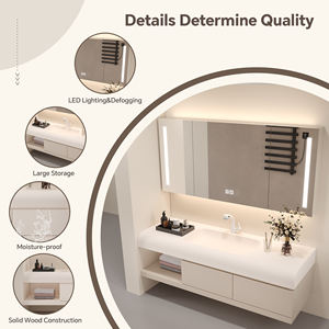 Meuble-lavabo minimaliste crème <span class=keywords><strong>avec</strong></span> vasque intégrée en pierre acrylique, <span class=keywords><strong>miroir</strong></span> LED intelligent/armoire-lavabo - Product Image 5