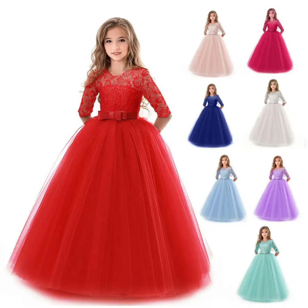 Kids Party Costume Formal Events Elegant Red Gowns Children Frock Little Kids Long Lace Girl Dress