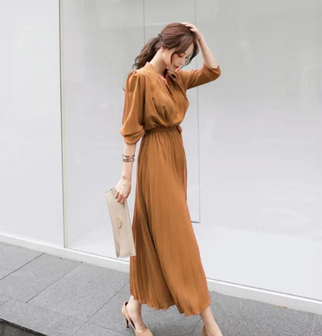 New Arrival Women Chiffon Long Sleeve Dress Pleated Slim Collect Waist Korean Temperament Long Skirts