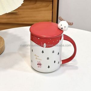 Ensemble cadeau de tasses en céramique de Noël de luxe personnalisables avec couvercle et cuillère à motif personnalisé de rennes et du Père Noël - Cadeau promotionnel - Product Image 5