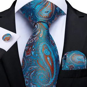 Cravate Paisley bleu fait main de luxe cravates en soie pour hommes en gros et ensemble Hanky