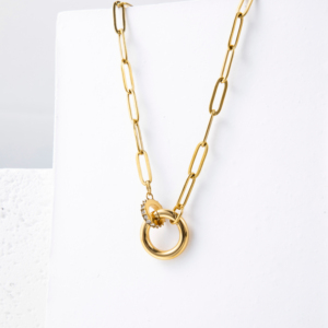 YF5143 Collar con Cierre de Presión Redondo Antideslustre Chapado en Oro de 18k de Acero Inoxidable con Dije de Circón y Cadena de Eslabones para Mujer - Product Image 6