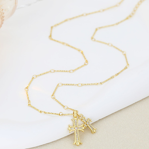 Collar con Colgante de Cruz Doble con Circonitas Cúbicas y Cadena de Eslabones Estilo Chrome Hearts, Joyería Cristiana de Moda para Unisex - Product Image 4