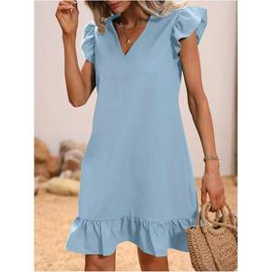 Robe décontractée d'été personnalisée pour femme, col en V, manches courtes, ourlet à volants, coupe trapèze, en tissu tissé respirant, taille élastique, pour usage quotidien - Product Image 1
