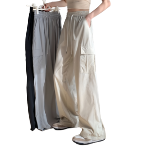 بنطلون نسائي جديد من الحرير الثلجي عالي الجودة، بنطلون رياضي كاجوال طويل وواسع الساق مع أربطة وجيوب، بنطلون فضفاض خفيف للربيع والصيف - Product Image 1