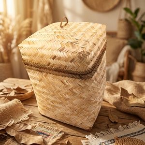 Ensemble de paniers de rangement en bambou tressé à la main avec couvercle, boîtes de rangement emboîtables pour placard, chambre et rangement domestique - Product Image 4