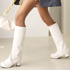 Retro Style <b>Round</b> <b>Toe</b> Thick <b>Heel</b> Winter Boots Women Slip-on Slit Trouser Leg Knee High Boots Comfortable Big Size 48 - Product Image 6