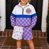 Ensemble de survêtement 2 pièces personnalisé pour femme, color block, motif damier, sweat-shirt demi-zip et short, avec logo d'équipe universitaire imprimé, ensemble assorti